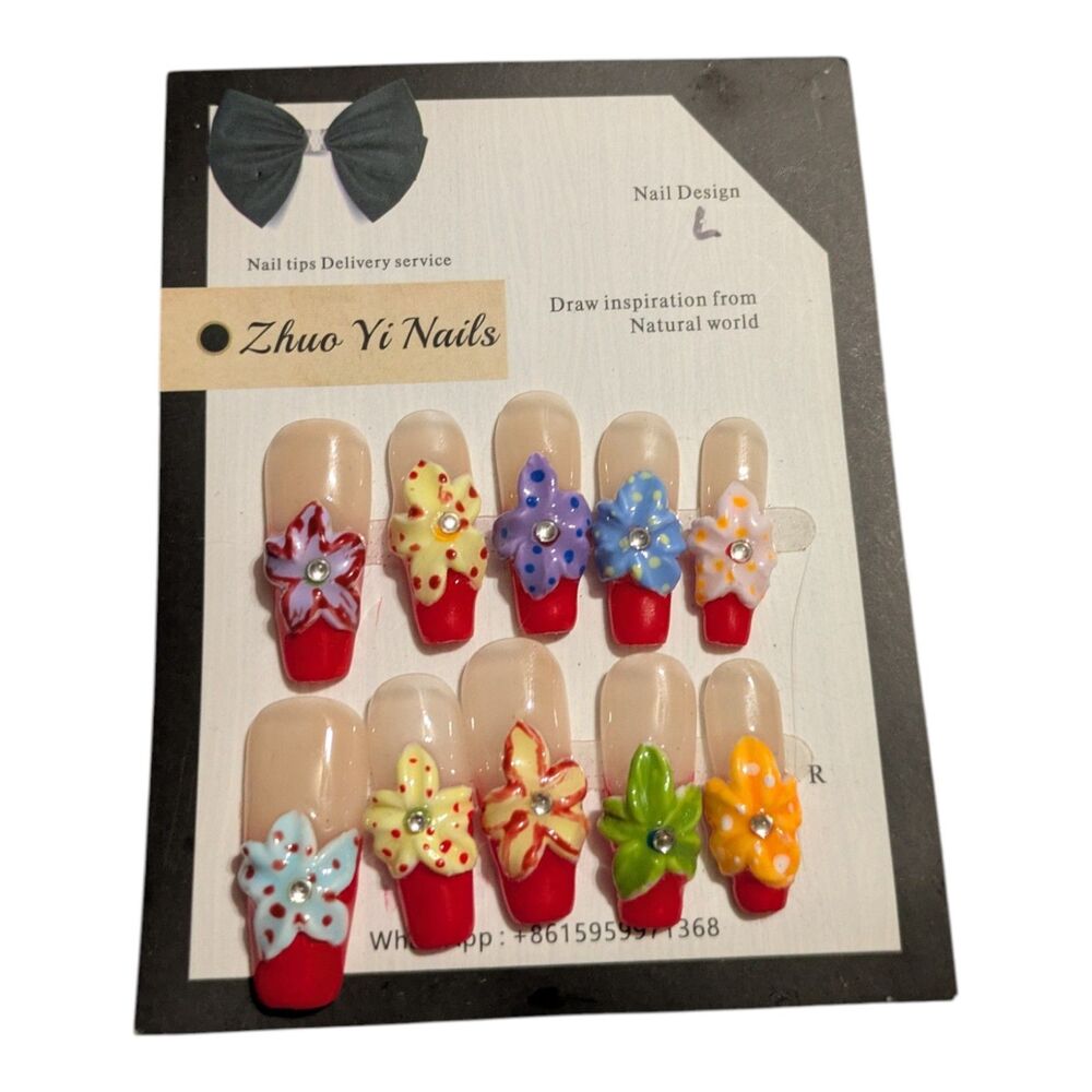 Large Press On Nails Floral 3D Design Set Nude & Red Tips